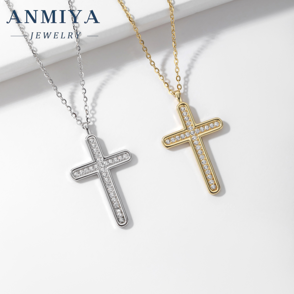 Chic Simple 925 Sterling Silver Cross Chain Zircon Cross Necklace Plated 18K Gold for Women