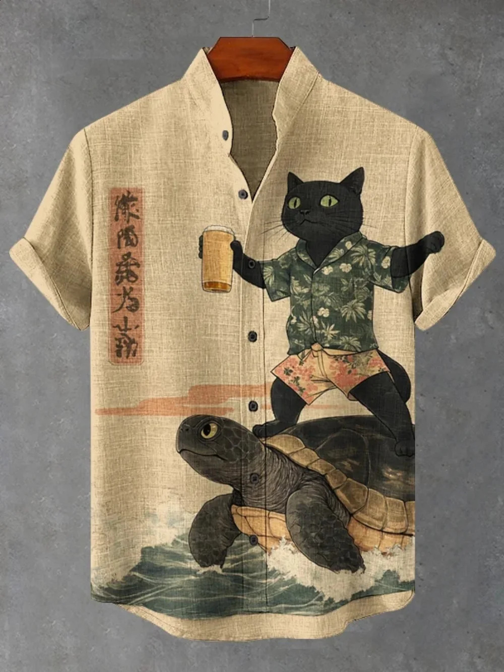 2025 mens standing collar shirt Japanese samurai printed cardigan button up retro linen short sleeved 250919