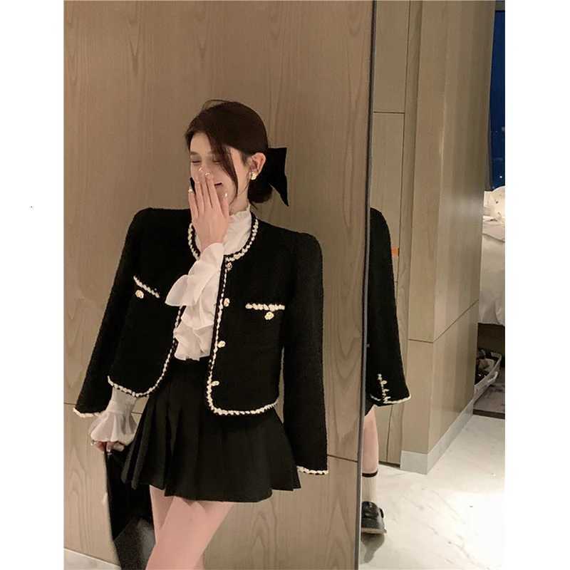 MEXZT Vintage Tweed Jackets Women Elegant Black Cropped Suit Coat Korean Thicken Blazer Single Breasted Short Outerwear Tops New Z250918