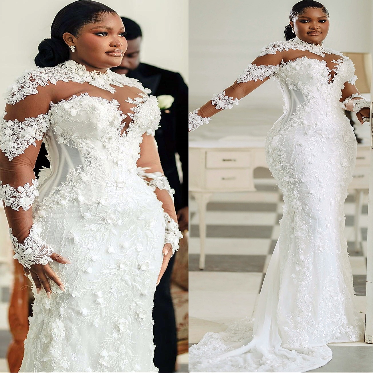 2025 Aso Ebi Plus Size Ivory Mermaid Wedding Dress Floral Lace Sheer Neck Long Sleeves Vintage Bridal Gowns Dresses ZJ0467