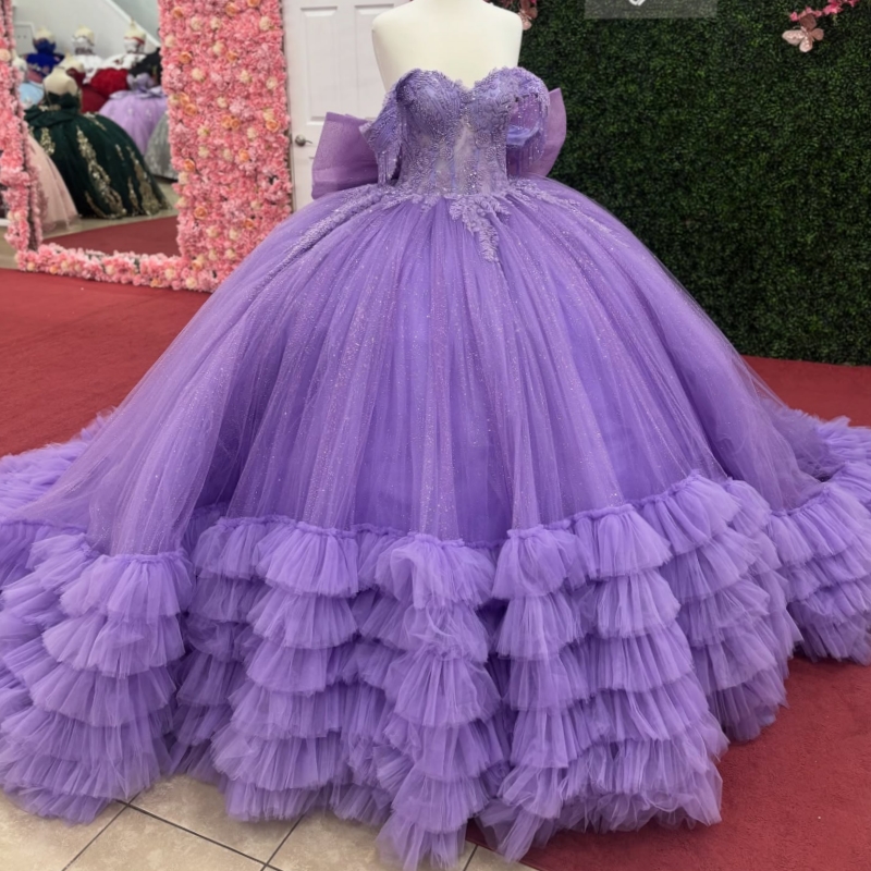 Lavender Shiny Quinceanera Dresses Off The Shoulder Lace Beading Bow Tiered Tull Party Birthday Sweet 16 Dress Vestidos De 15 Anos