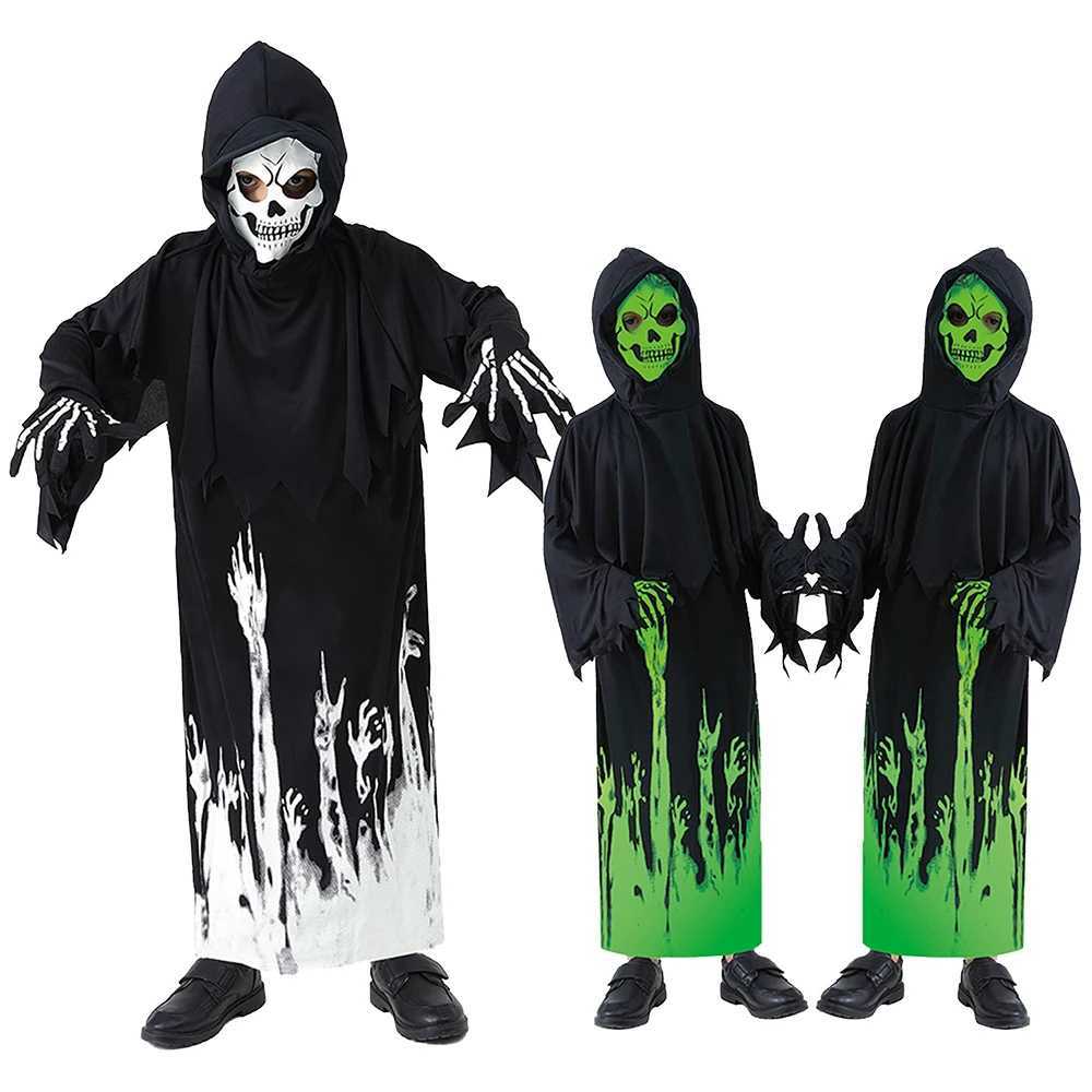 Halloween Grim Reaper Cosplay Costume Bodysuit Kids Ghost Demon Skeleton Spooky GlowInTheDark Hooded Jumpsuit Mask Gloves Set L250918