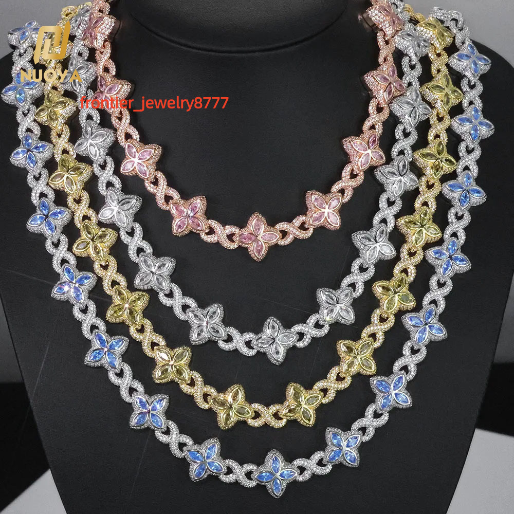 NUOYA Hip Hop Jewelry 8mm Colored Iced Out Diamond Flower Chain Infinite Symbol Chain Four Leaf Clover Necklace for Men Women