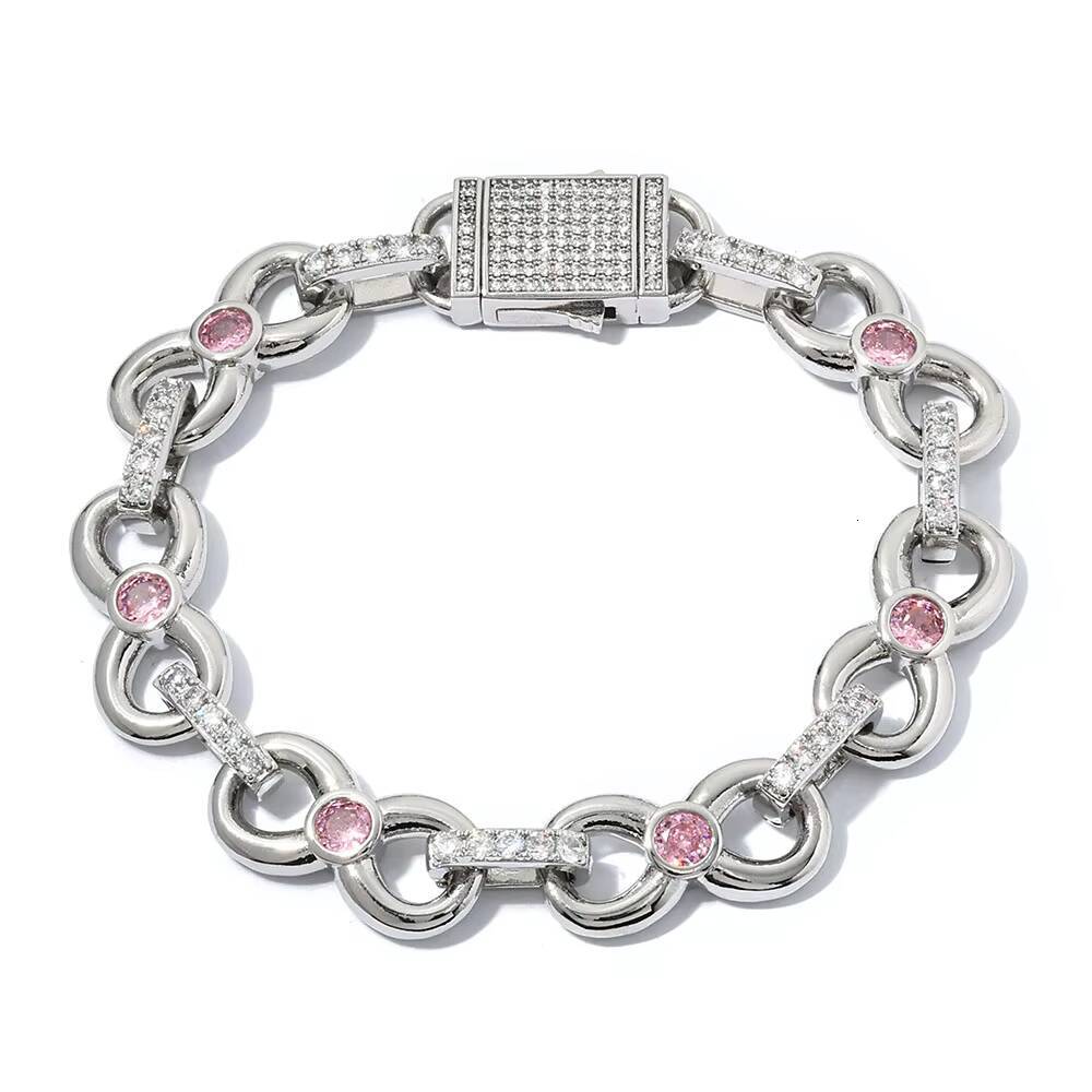 NUOYA Womens Hip Hop Diamond Bracelet Gold Plated Pink Moissanite Infinity Link Chain Elastic Clasp Chain Bracelet Jewelry for Gift