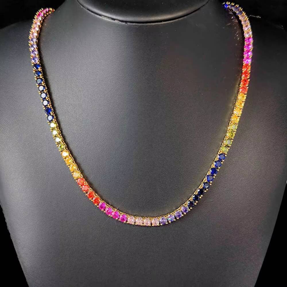Hip Hop Jewelry 5mm Iced Out Tennis Chain 18K Gold Plated Coloured Moissanite Rainbow Tennis Necklace