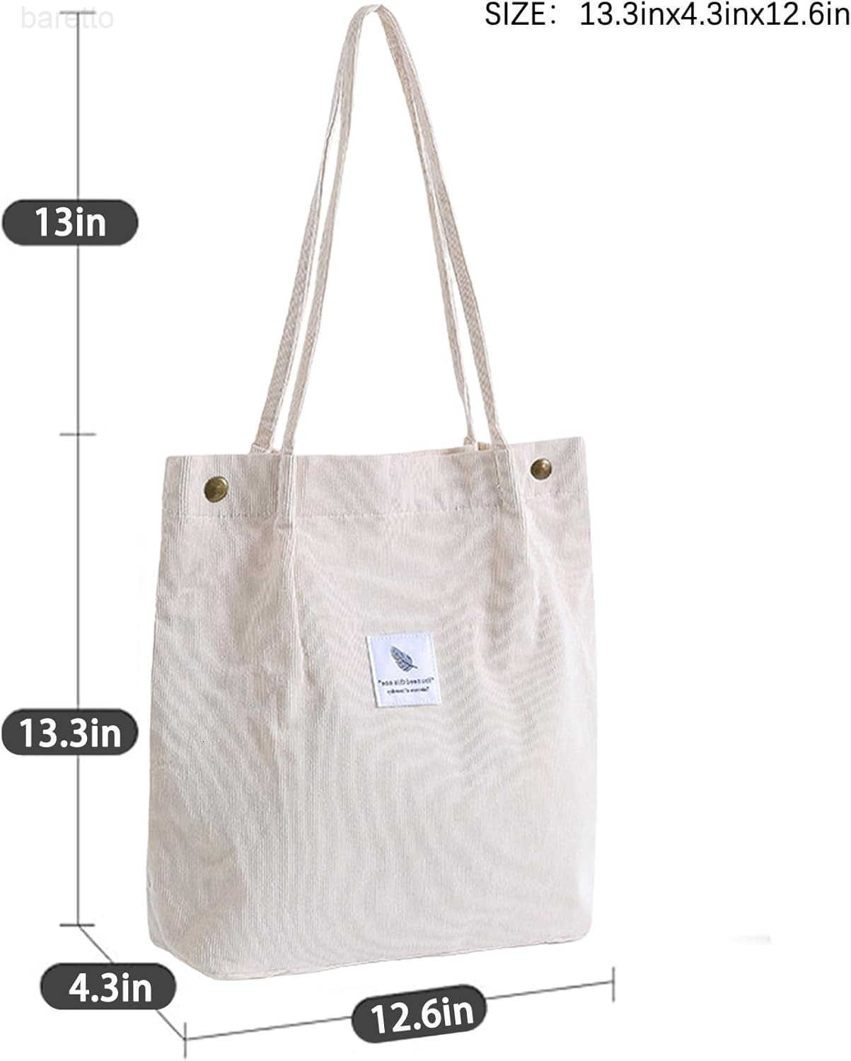 Corduroy Tote Bags for Women Sturdy Shoulder Reusable Grocery Bag with Inner Pockets and Magnetic Button Z2509019