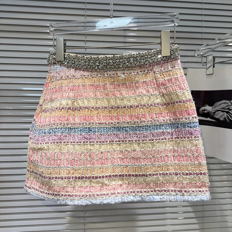 DEAT Fashion Twopiece Set Rhinestone Edge Halter Vests Female Stripe Contrast Color Short Skirts For Women Spring 11A03619 250818