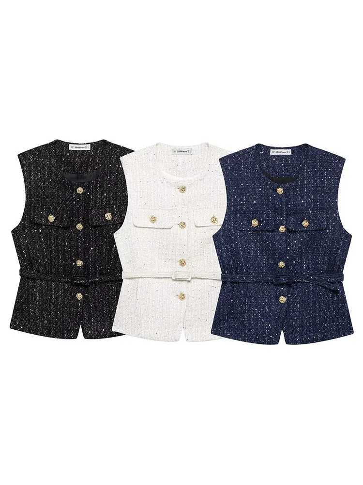 TRAFZA Women Fashion Tweed Belt Waistcoat O Neck Single Breasted Sleeveless Vests Spring Summer Office Lady Outerwear Chic Tops Z250918