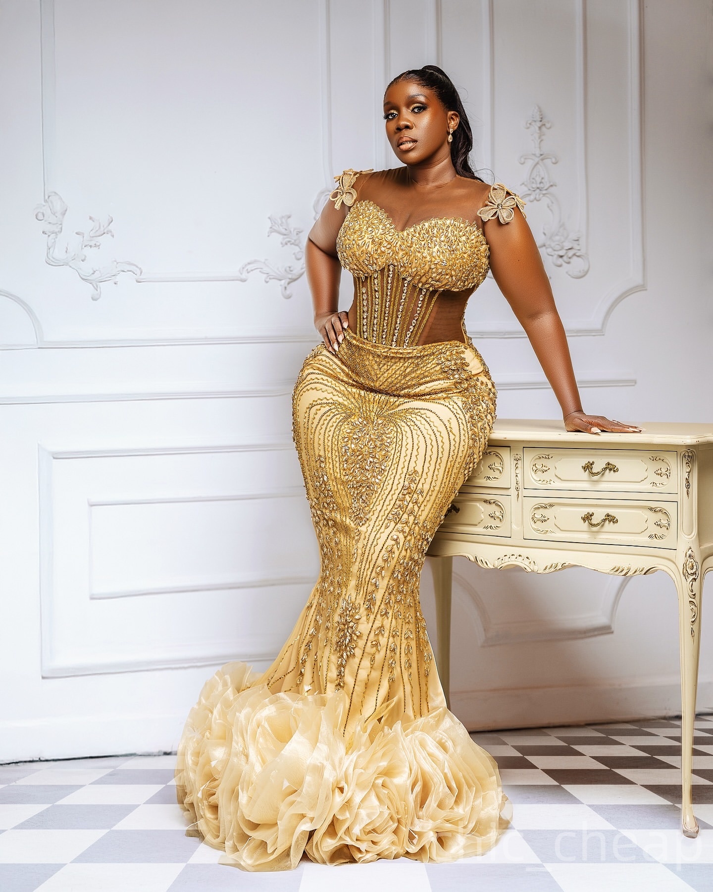 Mermaid Gold Prom Dresses 2025 Crystals Flowers Sheer Neck Sequined Evening Formal Party Second Birthday Engagement Gowns Plus Size Dress For Special 