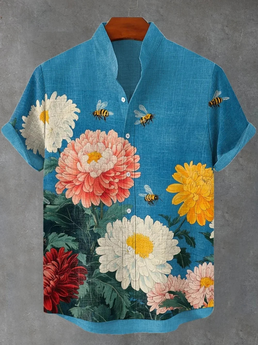 2025 mens standing collar shirt Japanese samurai printed cardigan button up retro linen short sleeved 250919