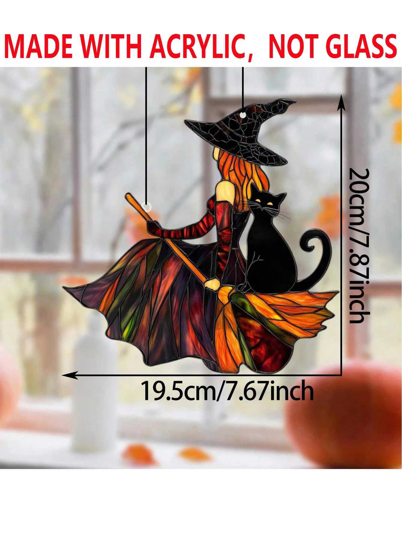Gothic Acrylic Witch Black Cat Suncatcher Halloween Window Decoration Wind Chime Broom Witch Hanging Ornament for Home Party C250919