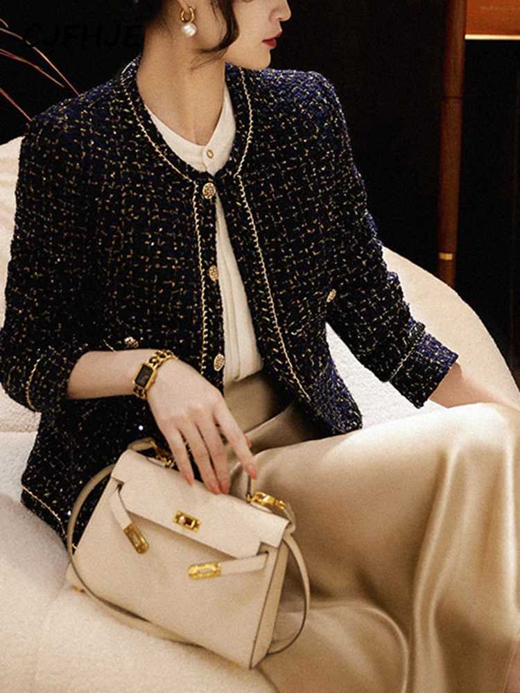 CJFHJE AllMatch Tweed Coat Female New Elegant ONeck Cropped Jacket Women Spring Autumn Korean Fashion Pockets Outwear Clothing Z250918