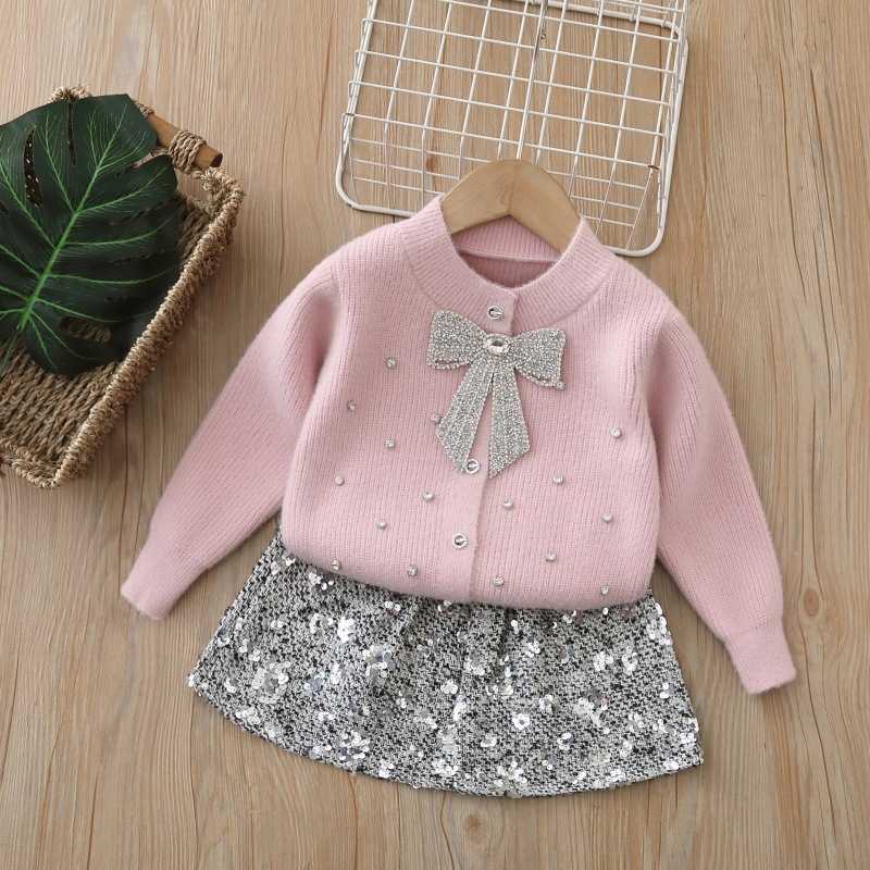 Childrens Sweater Twopiece Set for Girls Knitted Outfit with Skirt Sequin Bow Cardigan Long Sleeve H250919
