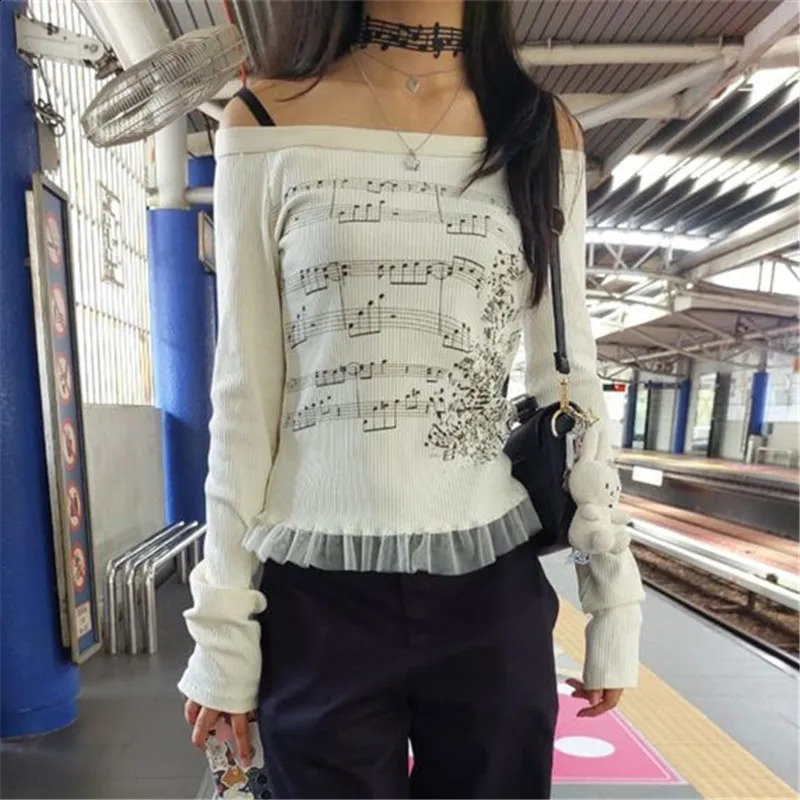 Gaono Womens Off Shoulder Tops Long Sleeve Music Note Print Slim Fitted TShirt Ruffle Blouse Y2K Coquette Streetwear 250919