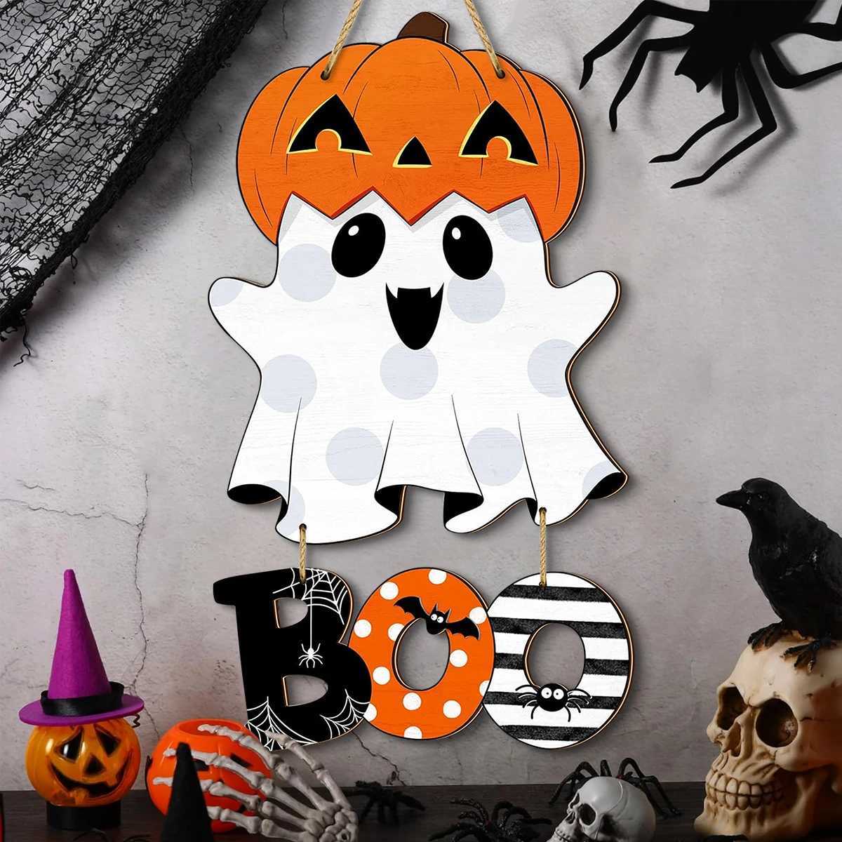Halloween Decorative Hanging Sign Adorable Ghost with Pumpkin Head and BOO Letters Festive Home Decoration C250919