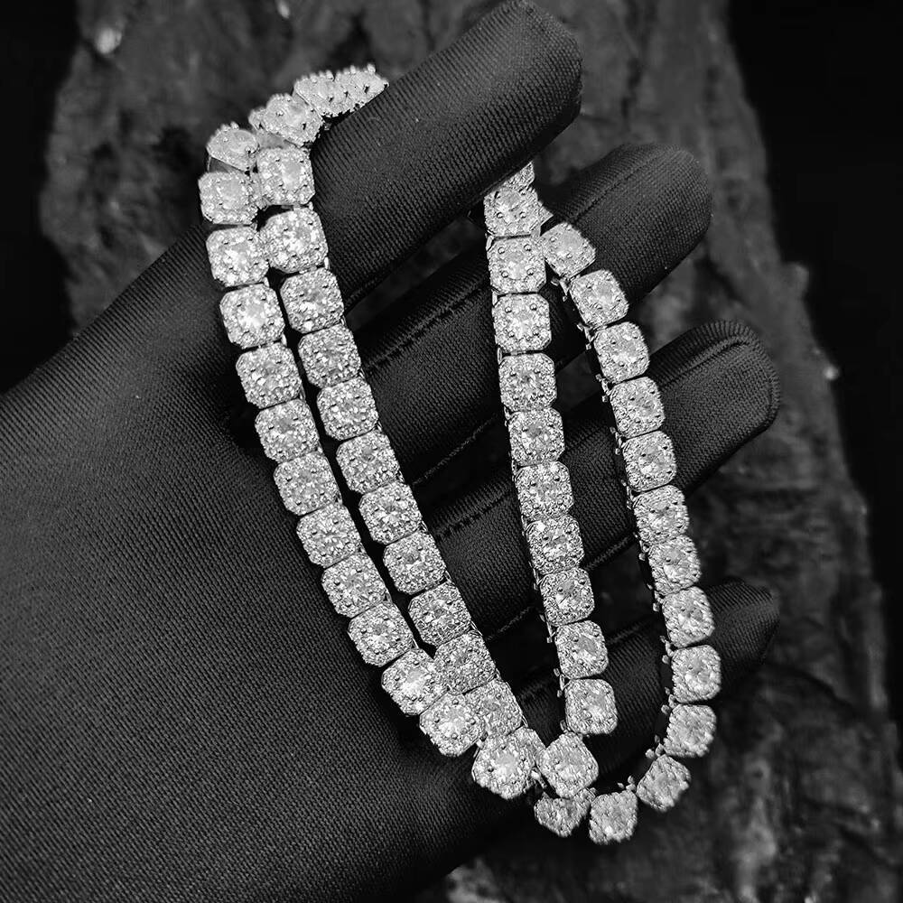 Nuoya Luxury VVS Moissanite Tennis Chain Custom 7mm 925 Sterling Silver Cluster Diamond Necklace Jewelry for Women