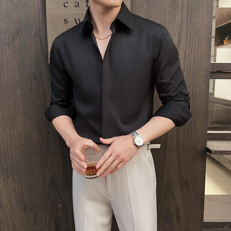 Mens White LongSleeve Dress Shirt Slim Comfortable Fabric Ideal for Formal Events Everyday Wear Classic Modern 250919 - view 3