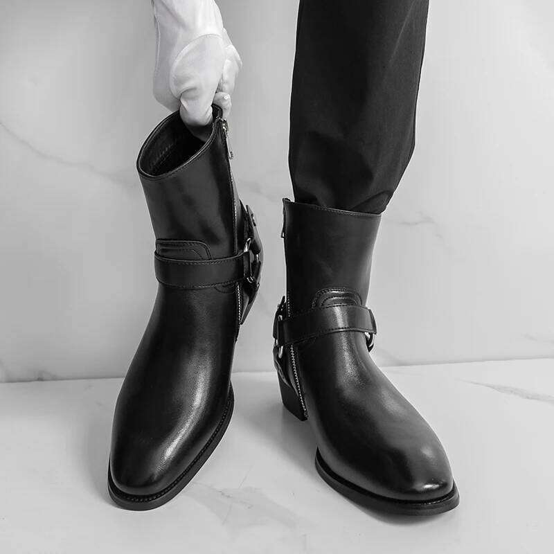 Autumn Fashion Brand Breathable Outdoor Cowboy Boots Classic Black Men Comfortable Side Zipper Pointed High Top Leather Shoe