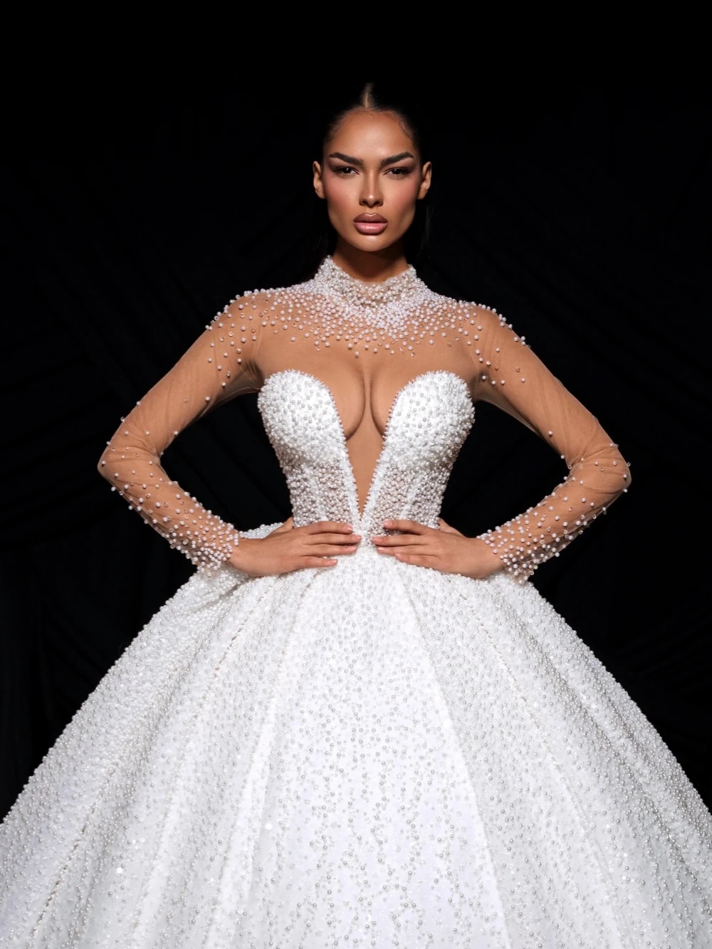 Graceful Wedding Dresses Pearls High Neck Bridal Ball Gowns Sheer Long Sleeves Beading Long Sleeves Customized Vestidos De Novia Plus Size