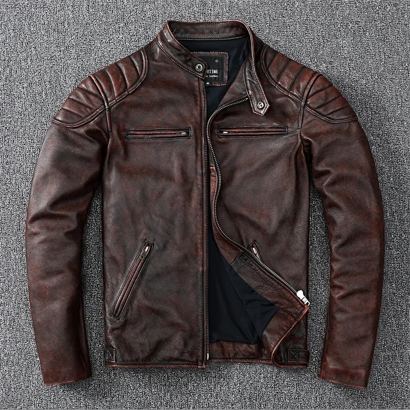 Vintage Style Mens Cowhide Clothes Biker Genuine Leather Jacket Fashion Brown slim coat men y250918