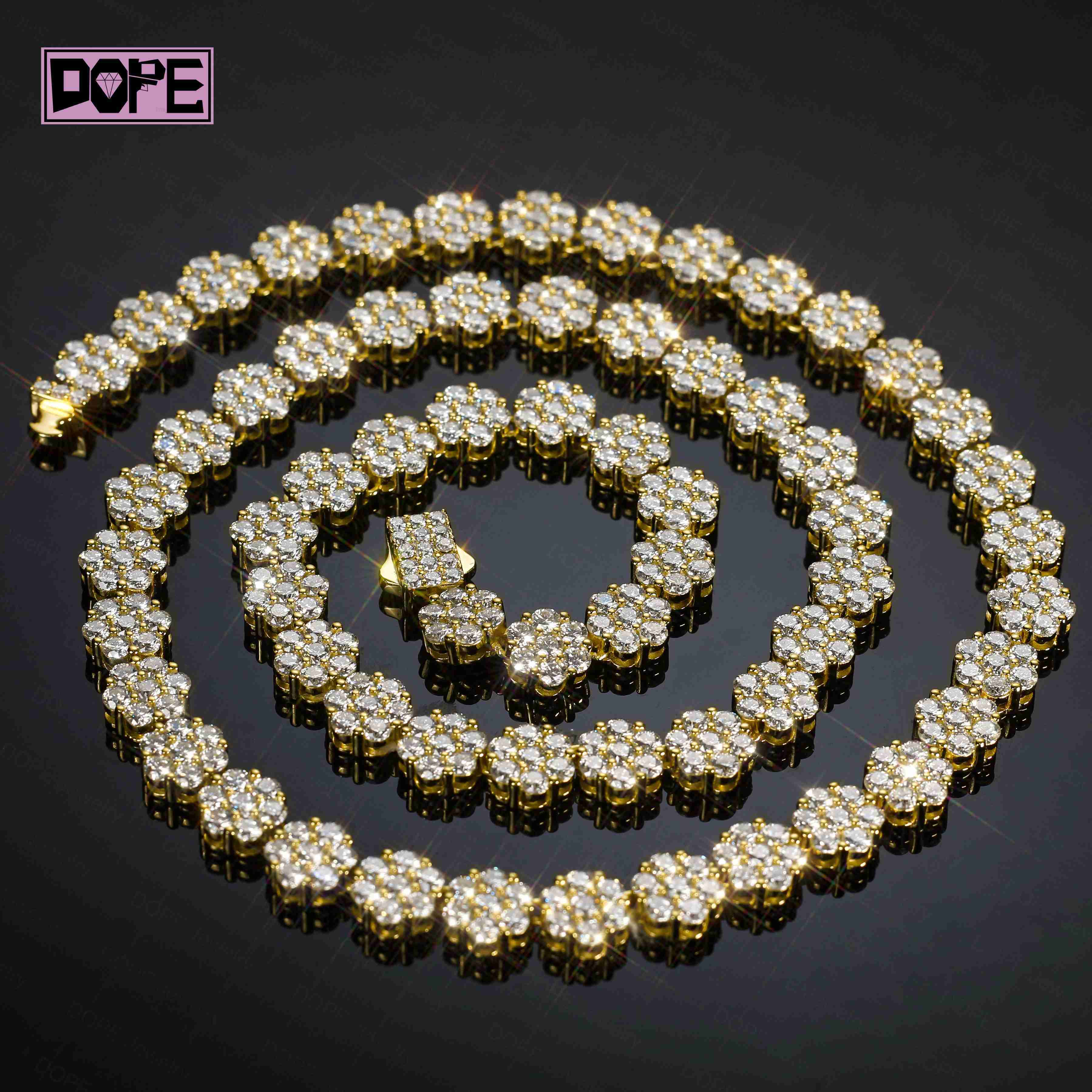 Hiphop 9mm Moissanite Chain Cluster 925 Silver Flower Honeycomb Iced Out VVS Moissanite Tennis Chain