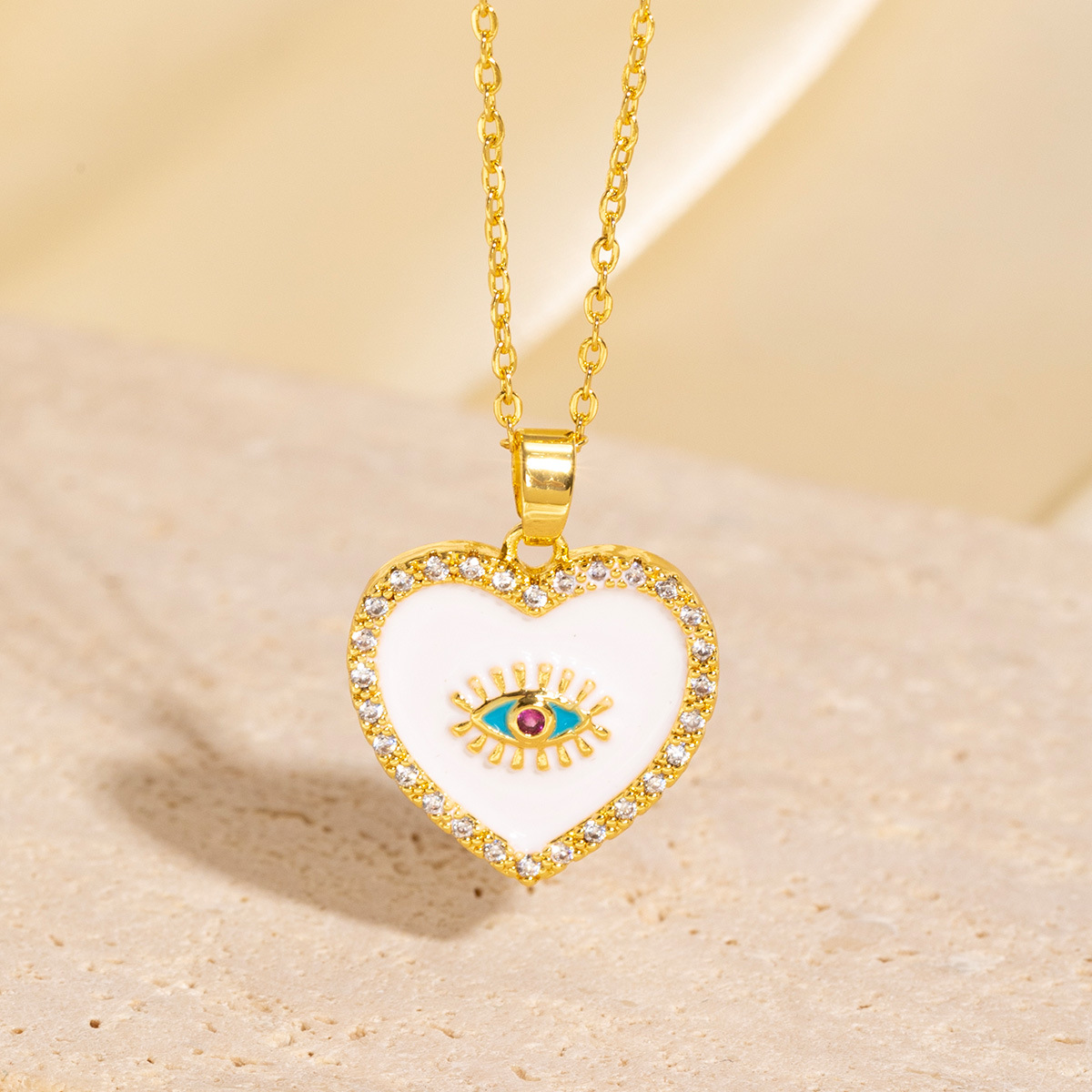Gold - Toned Heart - Shaped Evil Eye Pendant Necklace With Rhinestone Trim And White Enamel Delicate Daily & Lovely Jewelry Gift For Her Fashionable A