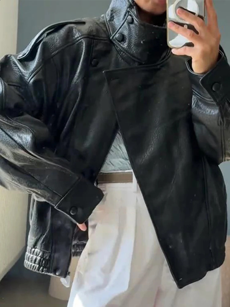 Stand Collar Womens Jacket Full Sleeve Double Button Solid Female Leather Jackets 2025 Autumn Fashion High Street Lady Outwears y250919