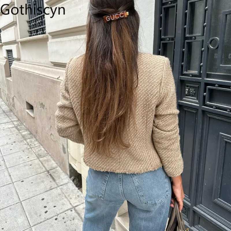 Gothiscyn Tweed Loose Longsleeved Jacket for Womens SpringAutumn Oneck Metal Button Fringed Jacket Fashion Female Clothes Z250918