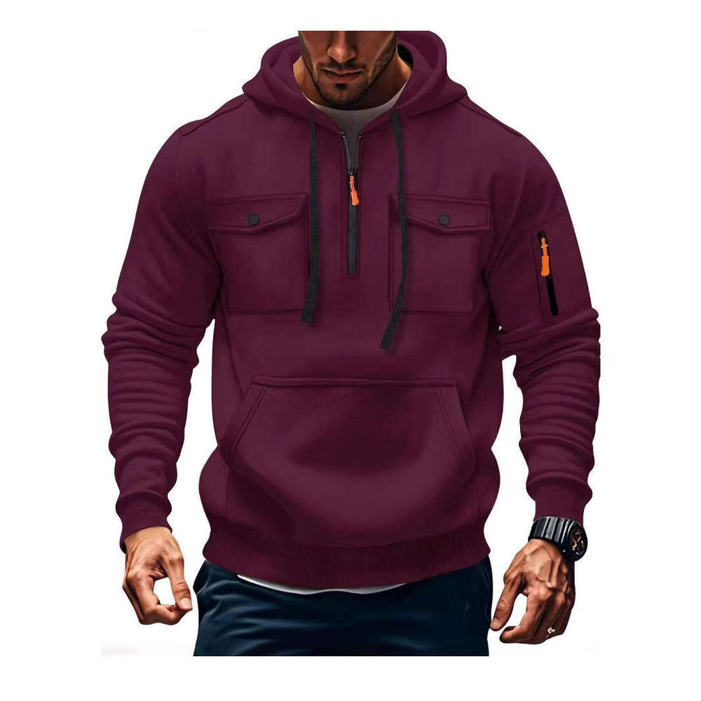 New Autumn Winter Men's Sweatshirt Multi Pocket Hooded Long Sleeve Fleece Jacket Casual Sports
