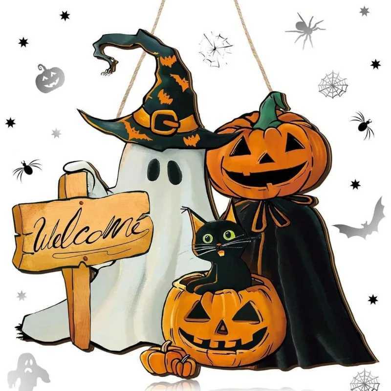 1pcs New Front Door Halloween Welcome Sign Pumpkin Skeleton Wreath Wooden Halloween Party Decoration C250919