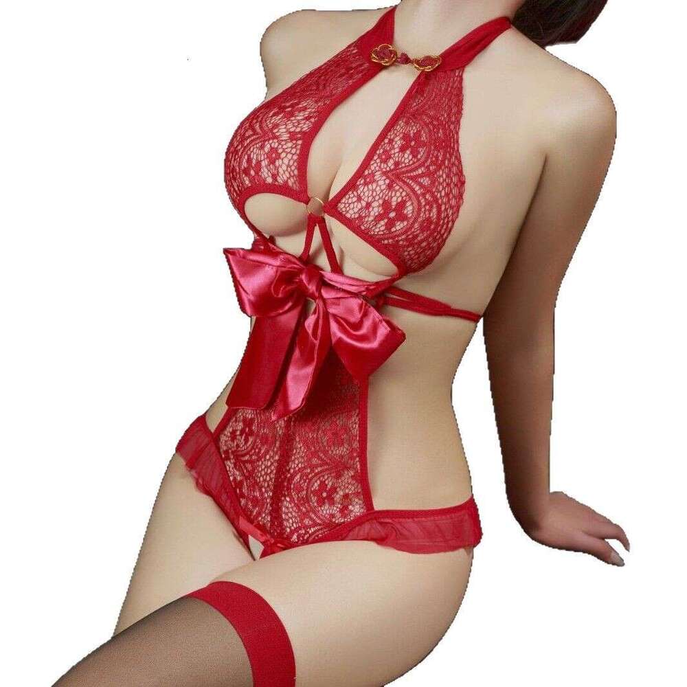 Lace Hollow Out Cheongsam Lace-up Red Jumpsuit Hot Uniform Temptation Sexy Lingerie