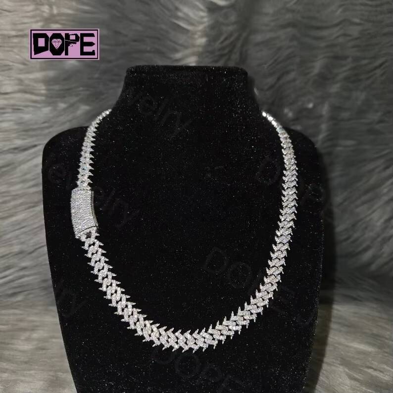 10MM Hiphop Iced Out Cuban Link Chain 925 Sterling Silver Plated Spiked VVS Moissanite Cuban Chain