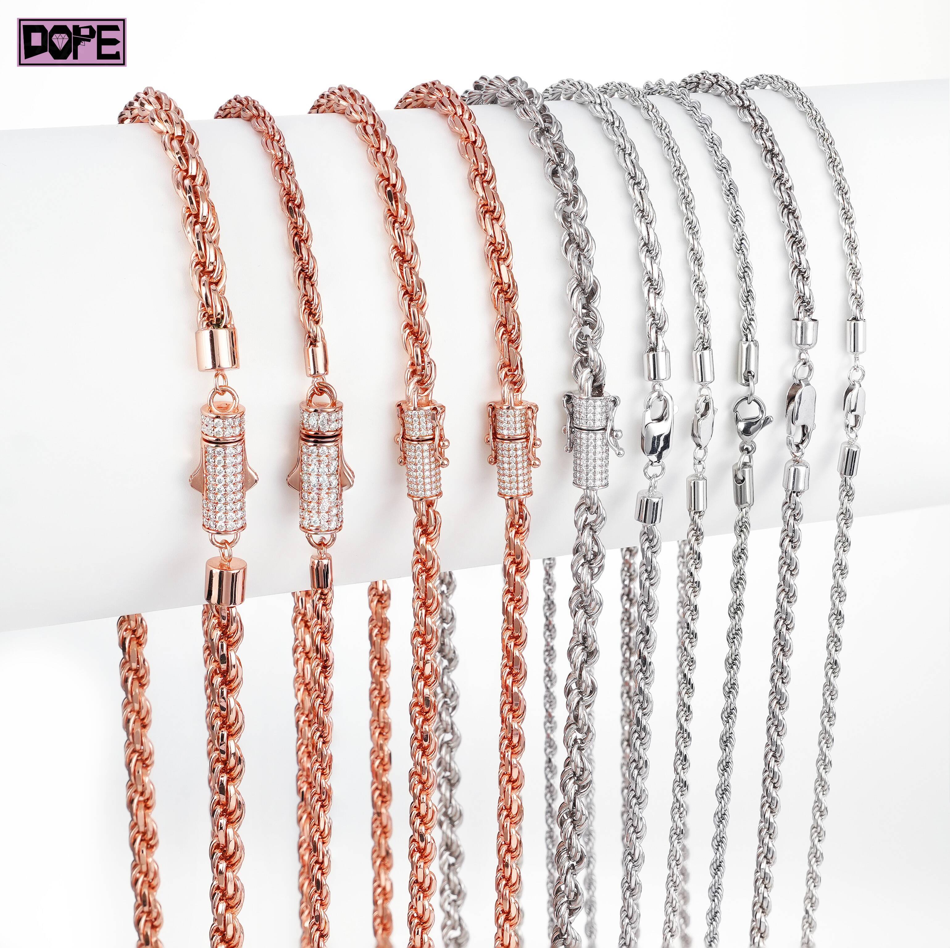 USA trends 925 Silver Chain 3mm 4mm 5mm Braided Cord Necklace VVS Moissanite Iced Out Clasp Twisted Rope Chain