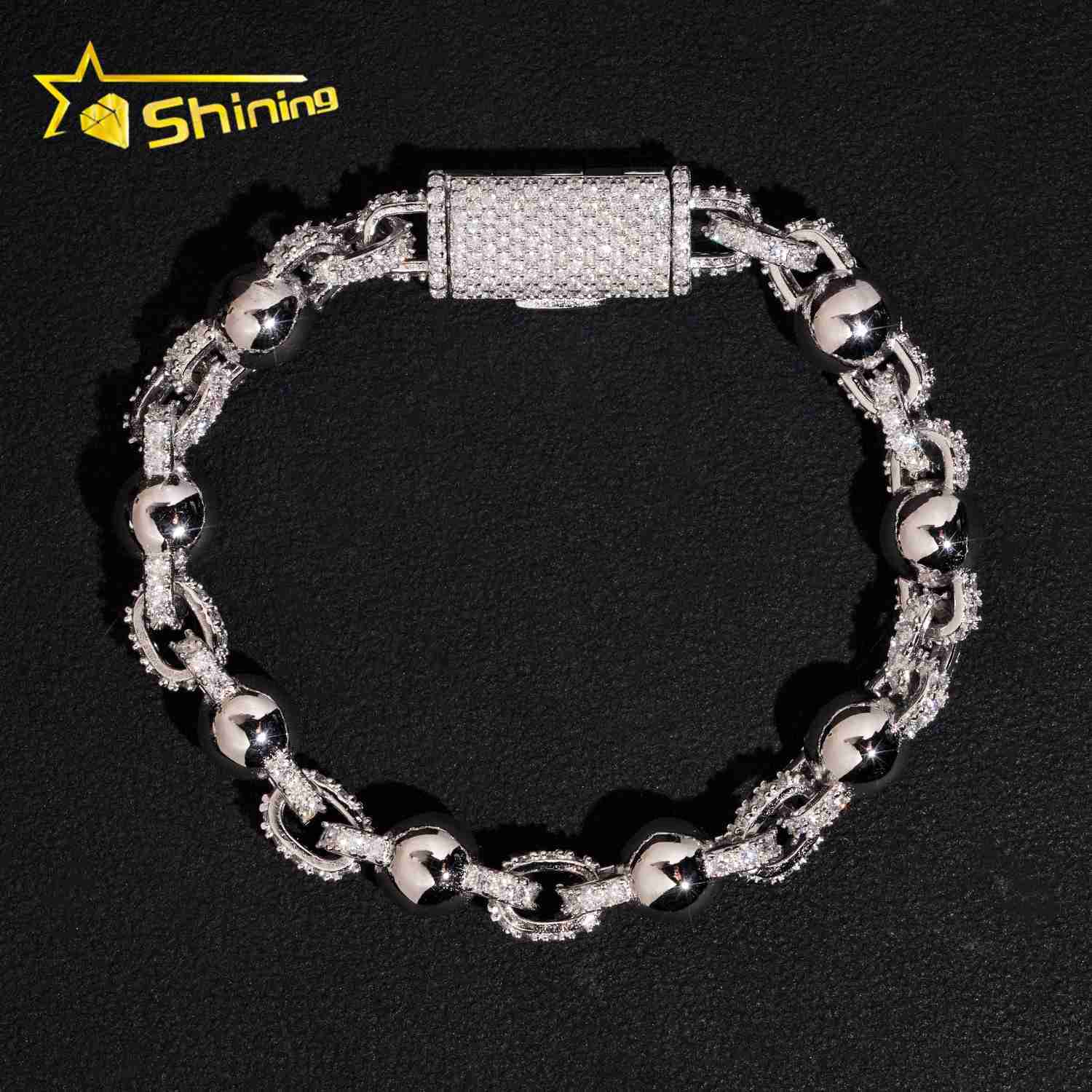 GRA Certificate 925 Sterling Silver Pass Diamond Tester Moissanite Bead 8mm Hip Hop Bracelet