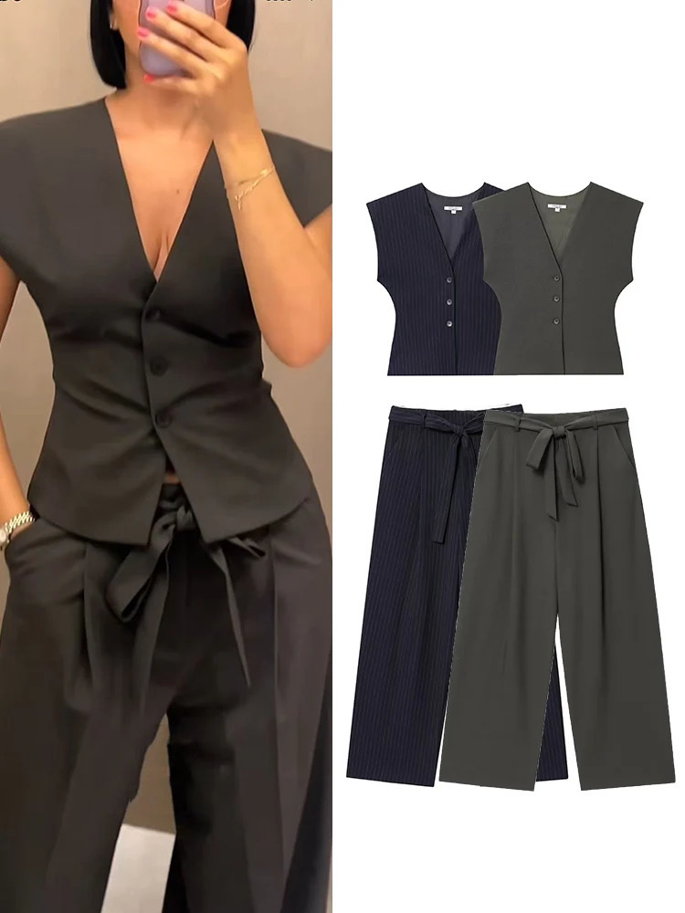 Elegant Chic Belt Pant Set With Women VNeck Slim Sleeveless Vest Straight Pants 2025 Autumn Fashion Leisure Commute Lady Set 250917