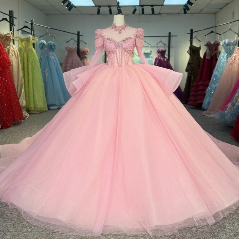 Pink Shiny Quinceanera Dresses Off The Shoulder Lace Beading Corset Tull Long Sleeves Party Birthday Sweet 16 Dress Vestidos De 15 Anos