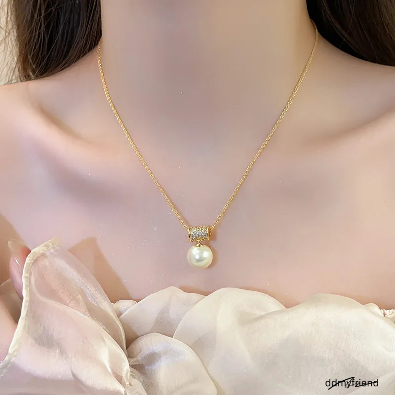 Golden Slim Waist Full Dia Pearl Necklace For Women 2025 Highend Light Niche Sweater Chain Jewelry 250728 ddmyfriend