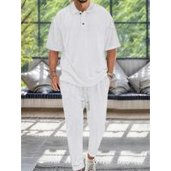 Textured Drop Shoulder Collared Tee Drawstring Waist Pants Two-piece Set, Casual Fashion Cozy Shortsleeve Polo Shirts Pocket Trousers Daily Outdoor We