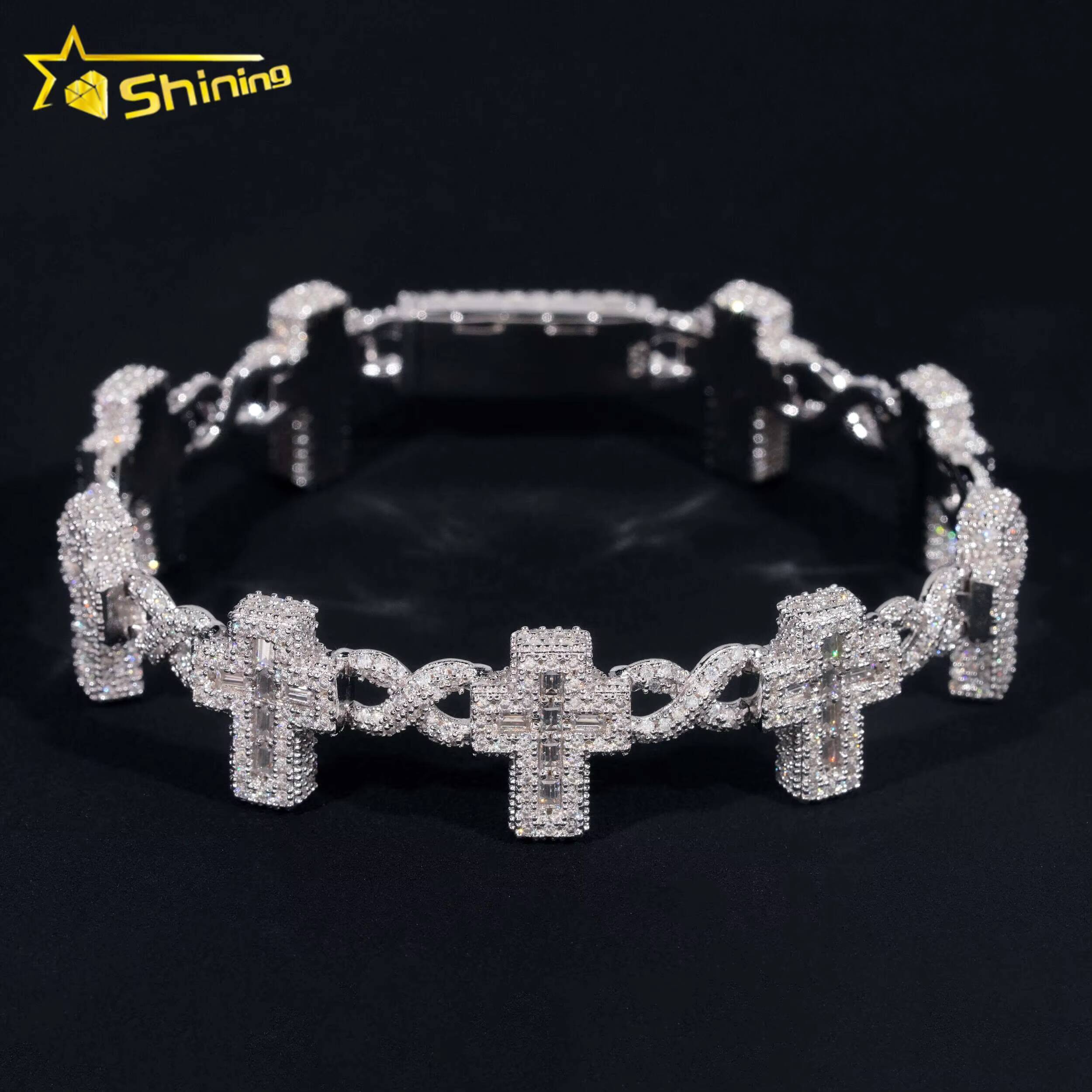 Hot Sale Baguettes Moissanite Cross Infinity Cuban Link Chain Sterling Silver 925 Iced Out Jewelry Moissanite Diamonds Bracelet