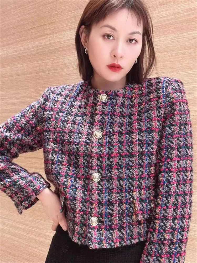 Women Retro Plaid Tweed Short Coat or ALine Mini Skirt Slim Fit Round Neck Jacket Top for Female Z250918