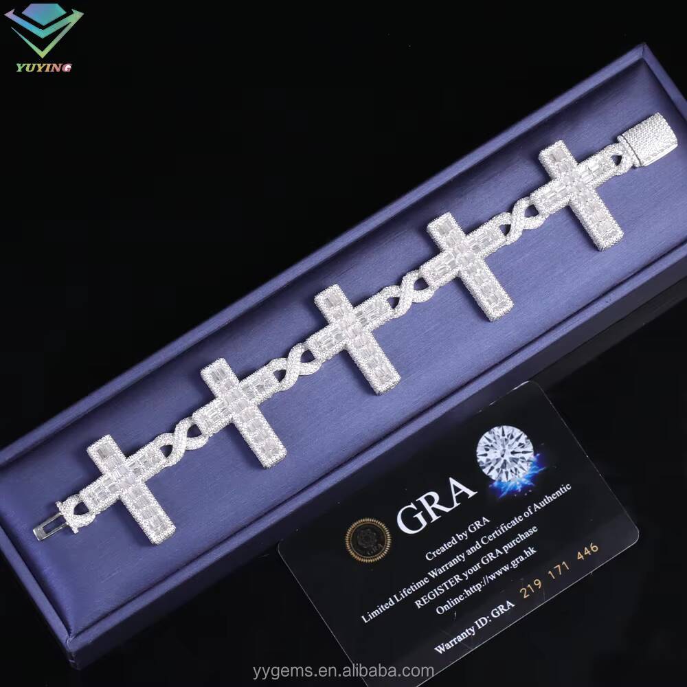Yu Ying Baguette Moissanite Cross Cuban Link Iced Out Infinity Link Cuban Chains Necklace Mens Silver Fine Jewelry Bracelet