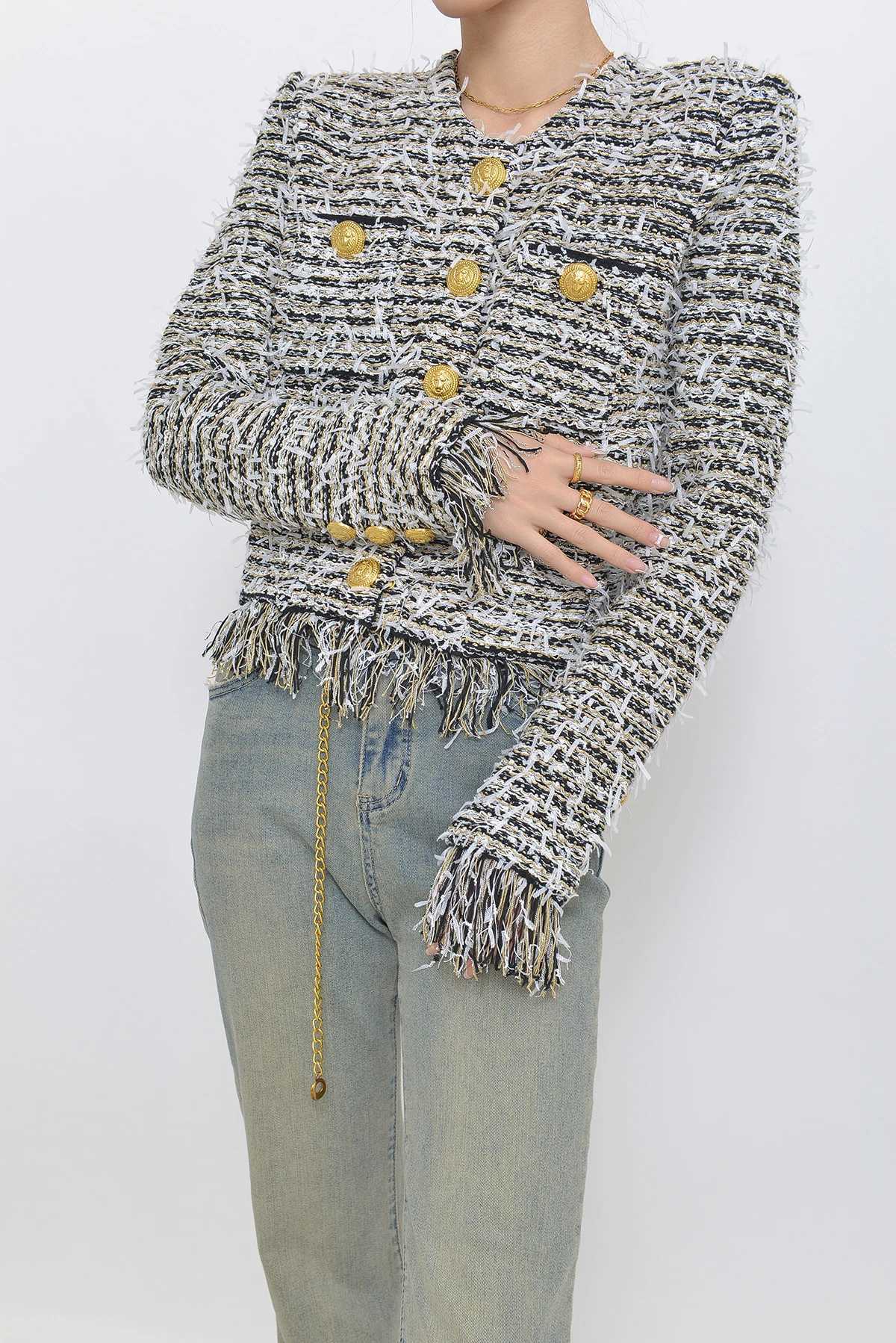 HighEnd Version Parisian Luxury Handmade Tassel Tweed Gold Button round Ne ort Top for Ladies Ele Open Cardigan Coat Z250918