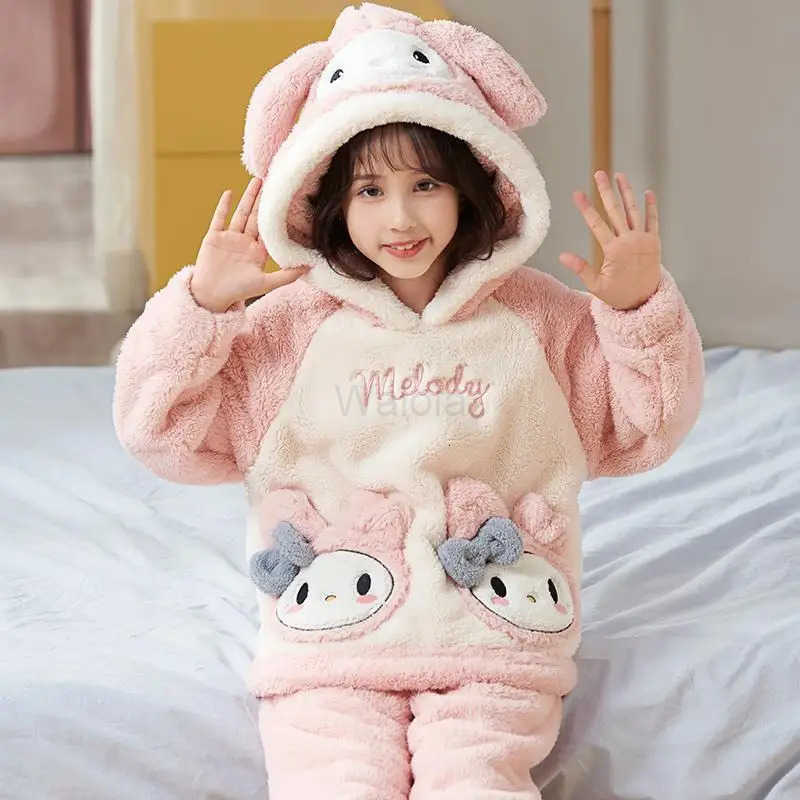 Sanrio Hello Kitty Girl Thickening Pajamas Winter Keep Warm Children Long Sleeves Pants Kawaii Anime New Style Household Clothes L250919