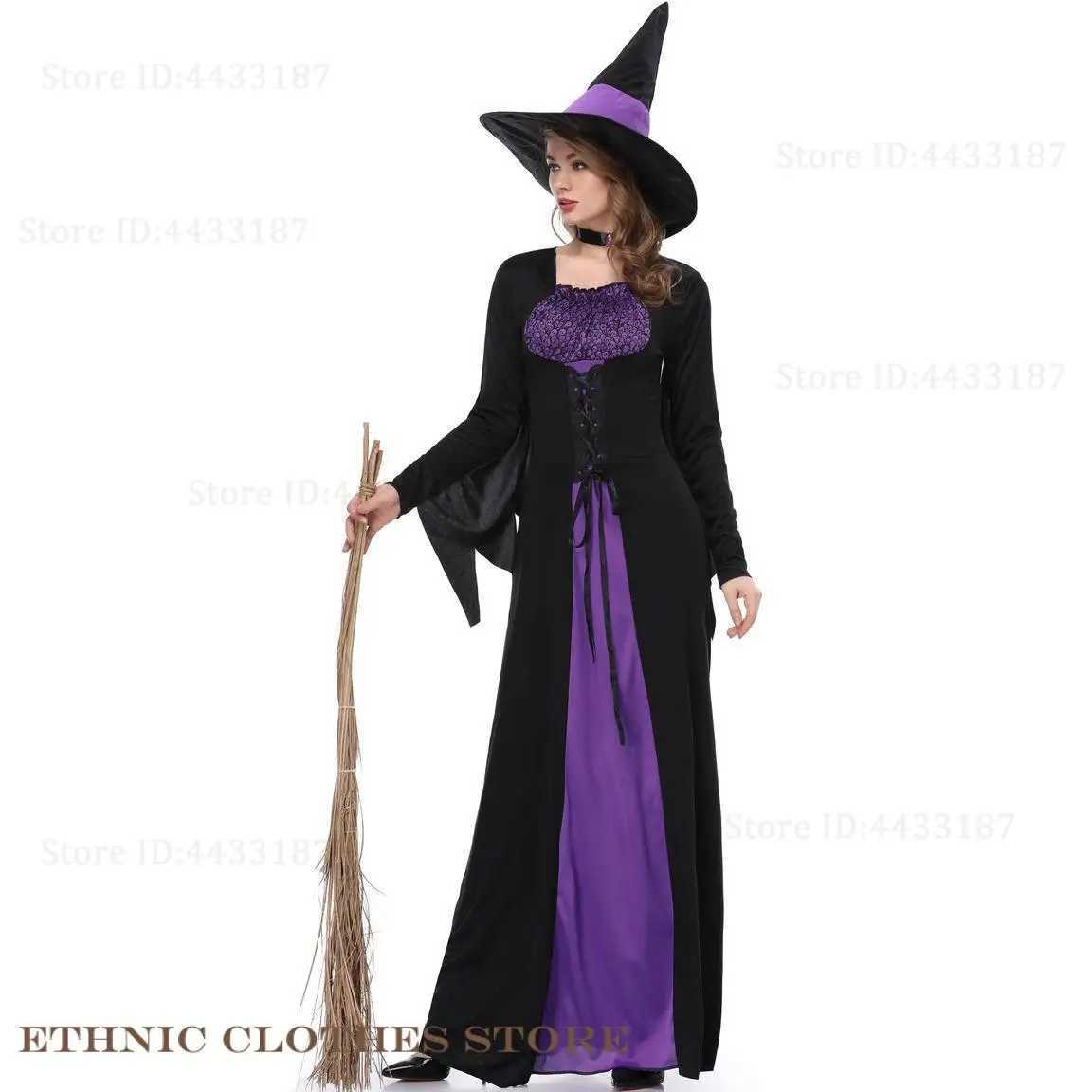 Adult Women Halloween Witch Cosplay Costume Purple Patchwork Vampire Witch Dress Carnival Party Makeup Ball Performance Uniform L250918
