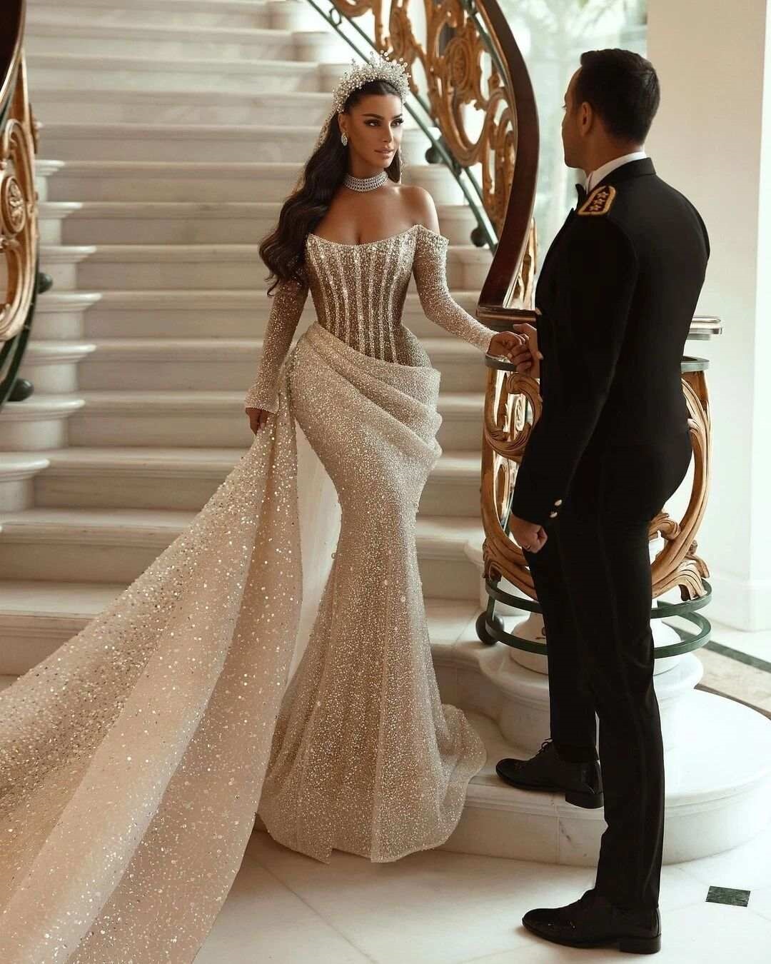 Glamorous Mermaid Wedding Dresses Long Sleeves Pleats Floor Length Sweep Train Bridal Gown Custom Customize Vestidos De Novia