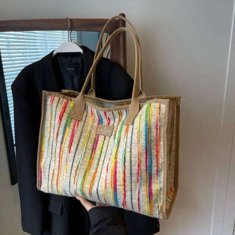 Designer Bag Luxury Bag Large Capacity Commuting Women's Single Shoulder Diagonal Cross Bag, Stylish And Versatile,Rainbow Striped Canvas Tote Ba