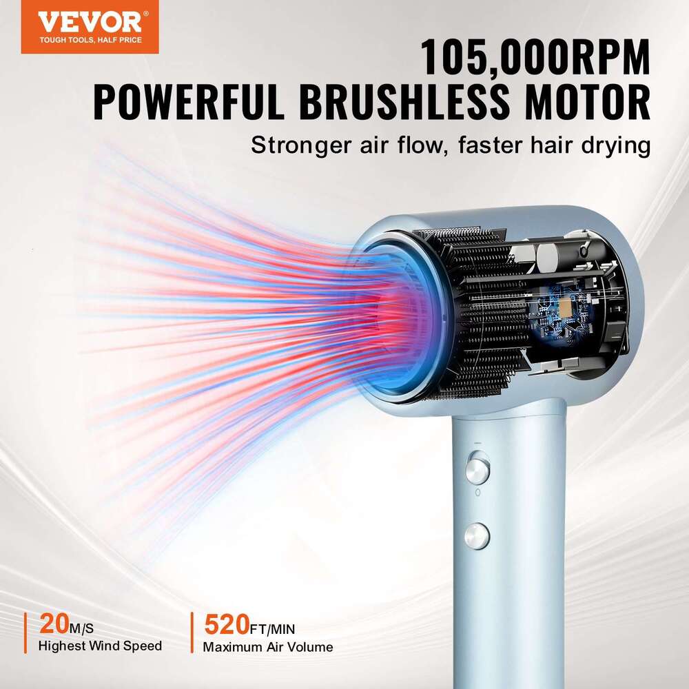VEVOR High-Speed Dryer 105,000RPM Brushless Motor, 200 Million Negative Ions Hair Blow Dryer, 4 Temps 3 Speeds, LCD Display Thermo-Control Hairdryer w