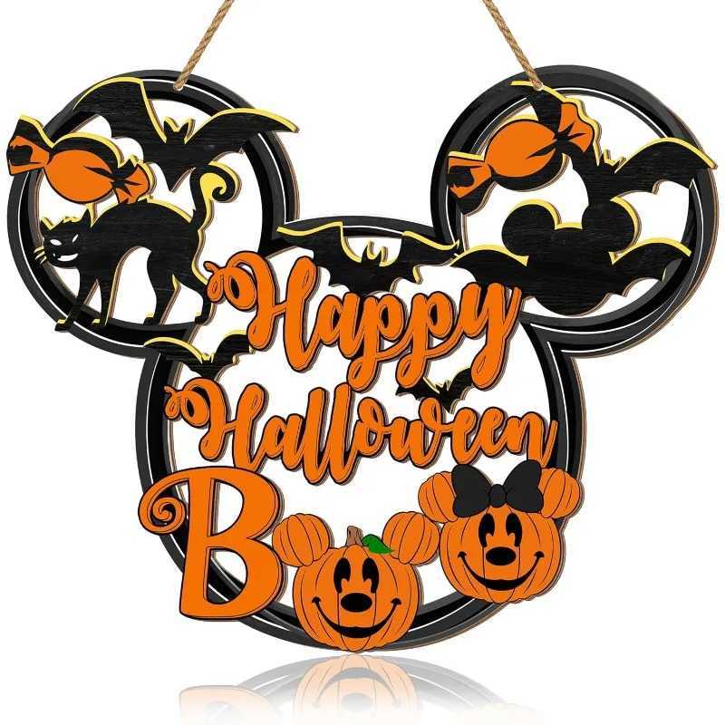 Happy Halloween Mouse Door Sign HollowOut Wooden Decor with Black Cat Mouse Bat Pumpkin BOO for Porch or Wall Hanging C250919