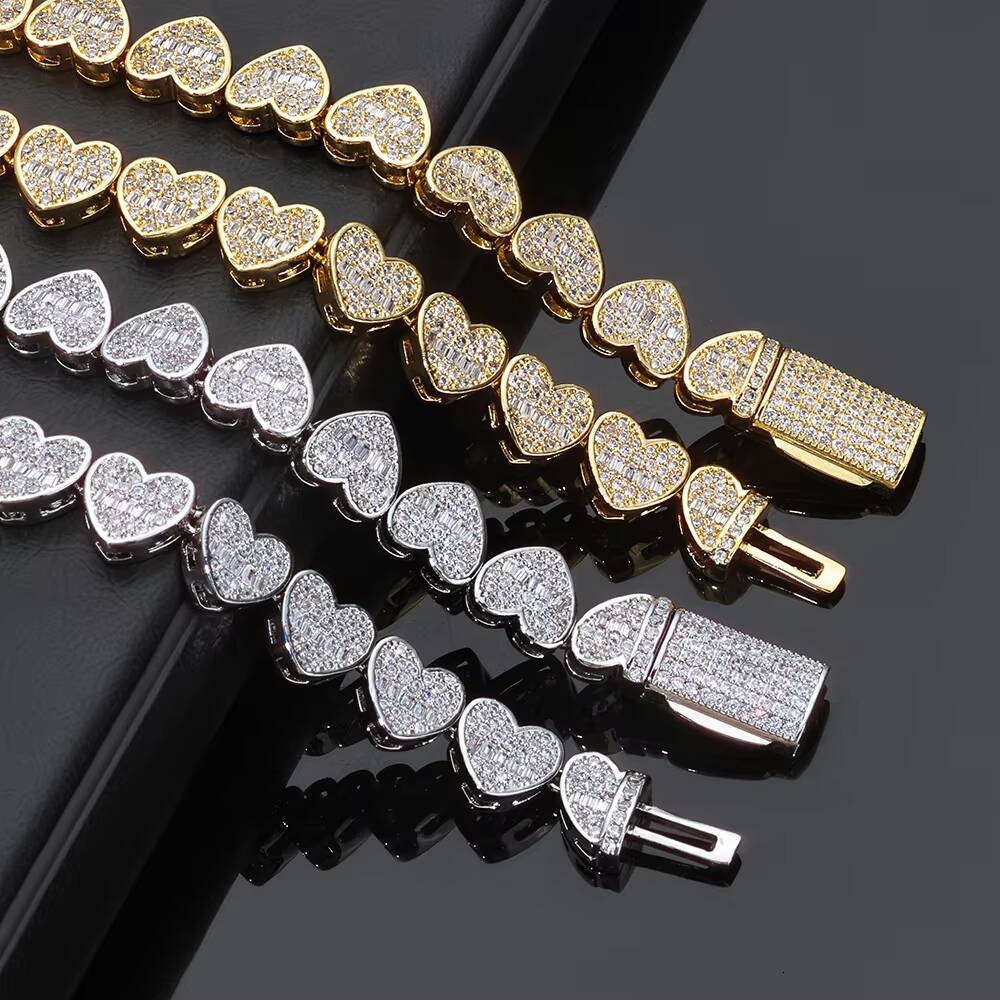 NUOYA Silver Plated Cluster Tennis Chain 8mm Iced Out Moissanite Mixed Inlay Baguette Diamond Heart Design Necklace Hip Hop Jewelry