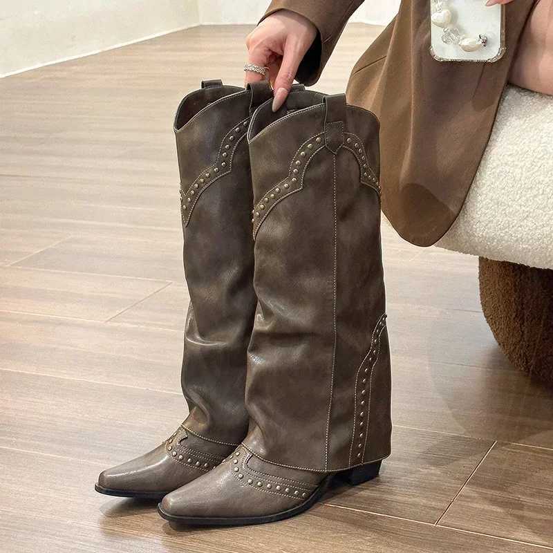 Woman Cowgirl Boots Fashion Slip On Ladies Elegant Square Heel Long Pipe Boots Shoes Retro Womens Winter Footwear W250919